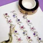 clear washi tape with gold foil foliage and pastel pink and purple flowers