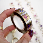 clear washi tape with gold foil foliage and pastel pink and purple flowers