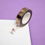 clear washi tape with gold foil foliage and pastel pink and purple flowers