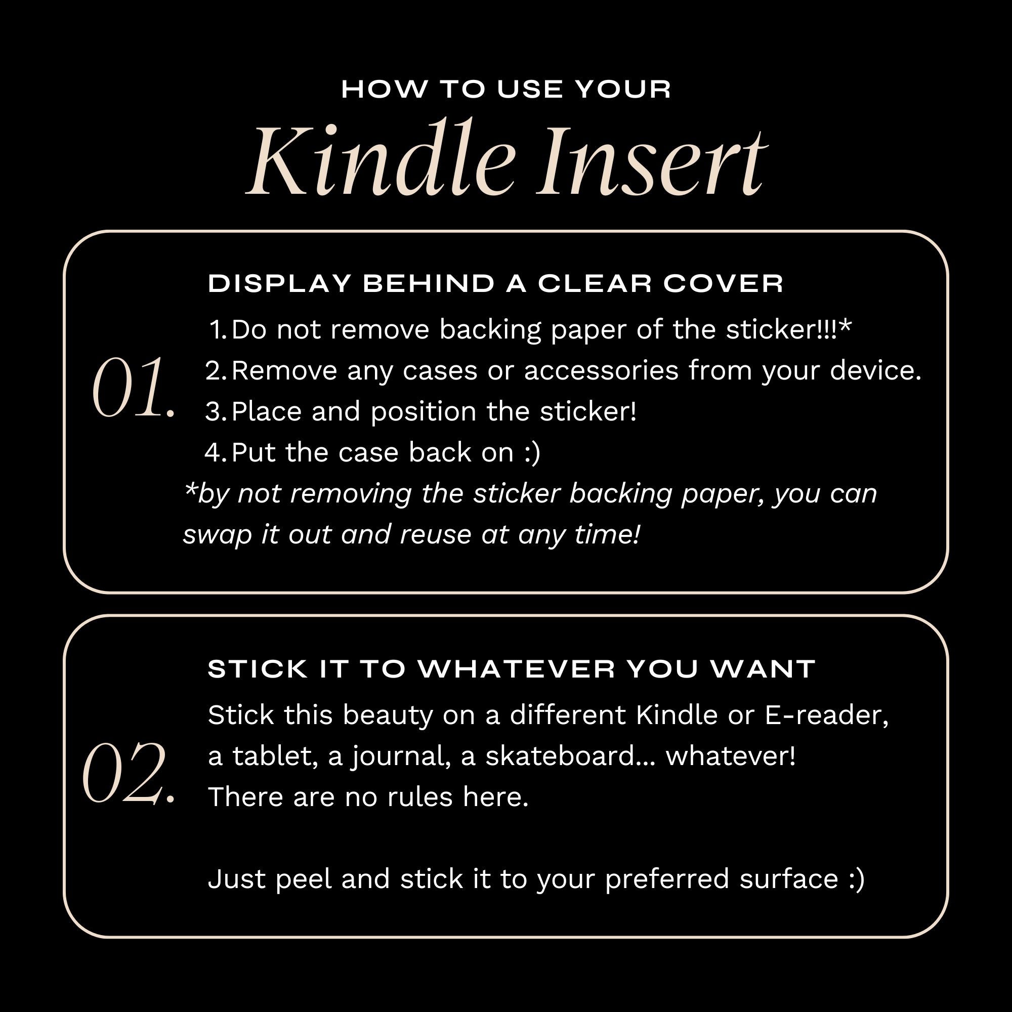 A graphic detailing how Kindle Insert Stickers should be applied and can be used (full details are in the 'use' section of this listing).