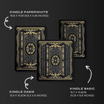 Graphic showing the various kindle sticker insert sizes for the black literati kindle sticker