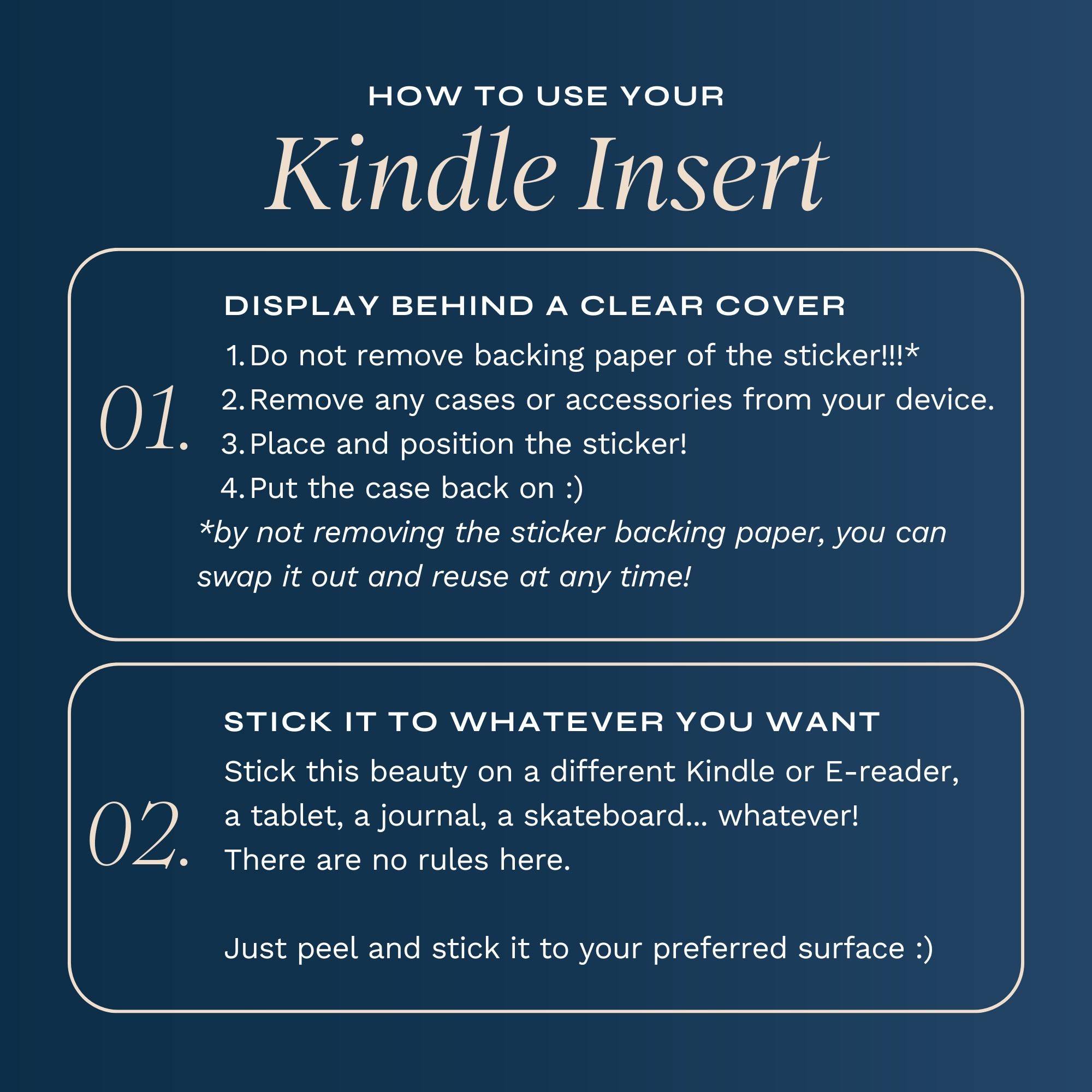 A graphic detailing how Kindle Insert Stickers should be applied and can be used (full details are in the 'use' section of this listing).