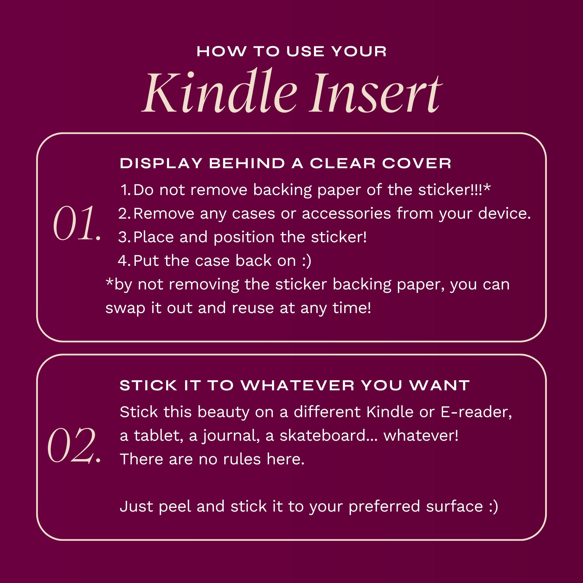 A graphic detailing how Kindle Insert Stickers should be applied and can be used (full details are in the 'use' section of this listing).