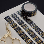 Black washi tape with white flowers and leaves, diamonds, filagree and gold foil