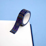 Roll of blue washi tape with pink flowers, light blue accents, filagree and gold foil