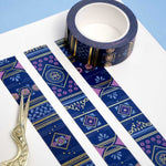 Blue washi tape with pink flowers, light blue leaves, diamonds, filagree and gold foil