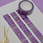 Purple washi tape with pink flowers, blue leaves, diamonds, filagree and gold foil