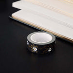 Black washi tape with white flowers and gold foil foliage