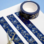 Blue washi tape with light blue flowers and gold foil foliage