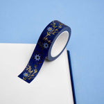 Blue washi tape with light blue flowers and gold foil foliage