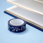 Blue washi tape with light blue flowers and gold foil foliage