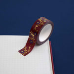 Red washi tape with blue flowers and gold foil foliage