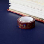 Red washi tape with blue flowers and gold foil foliage