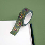 Green washi tape with dark pink flowers and gold foil foliage
