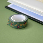 Green washi tape with dark pink flowers and gold foil foliage