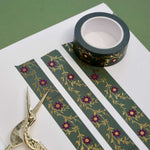 Green washi tape with dark pink flowers and gold foil foliage