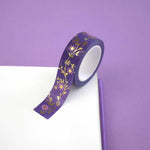 Purple washi tape with pink flowers and gold foil foliage