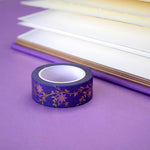 Purple washi tape with pink flowers and gold foil foliage