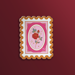 A bookish decorative sticker designed to resemble a postage stamp features a single rose stem in front of a decorative border. The stickers sits on a red background.