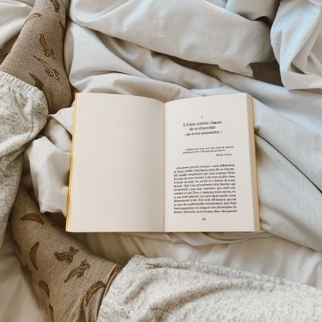 Open book on a textured surface with a blanket and pillow.