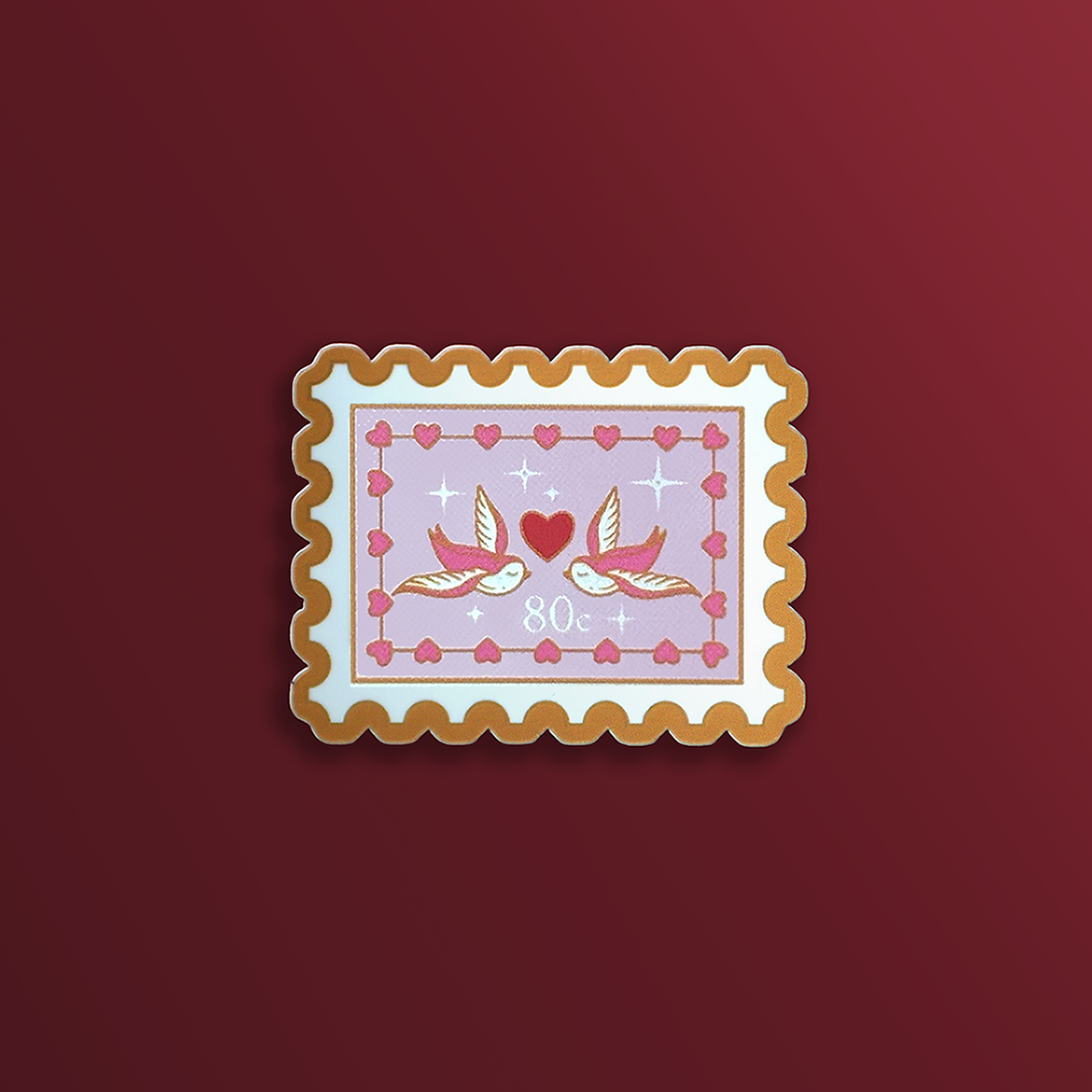 A bookish decorative sticker designed to resemble a postage stamp with a heart and birds graphic, 80c featured prominently in the center sits on a red background.
