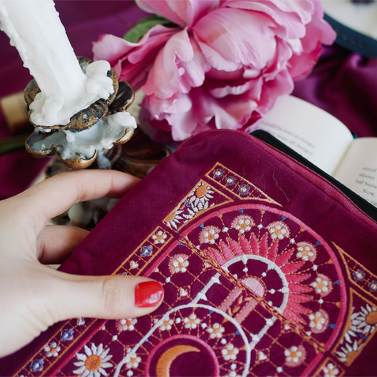 Iridescence Kindle & Reader Sleeve - The Quirky Cup Collective - Pink velvet sleeve with stained glass embroidered design on a background of books, flowers and candles