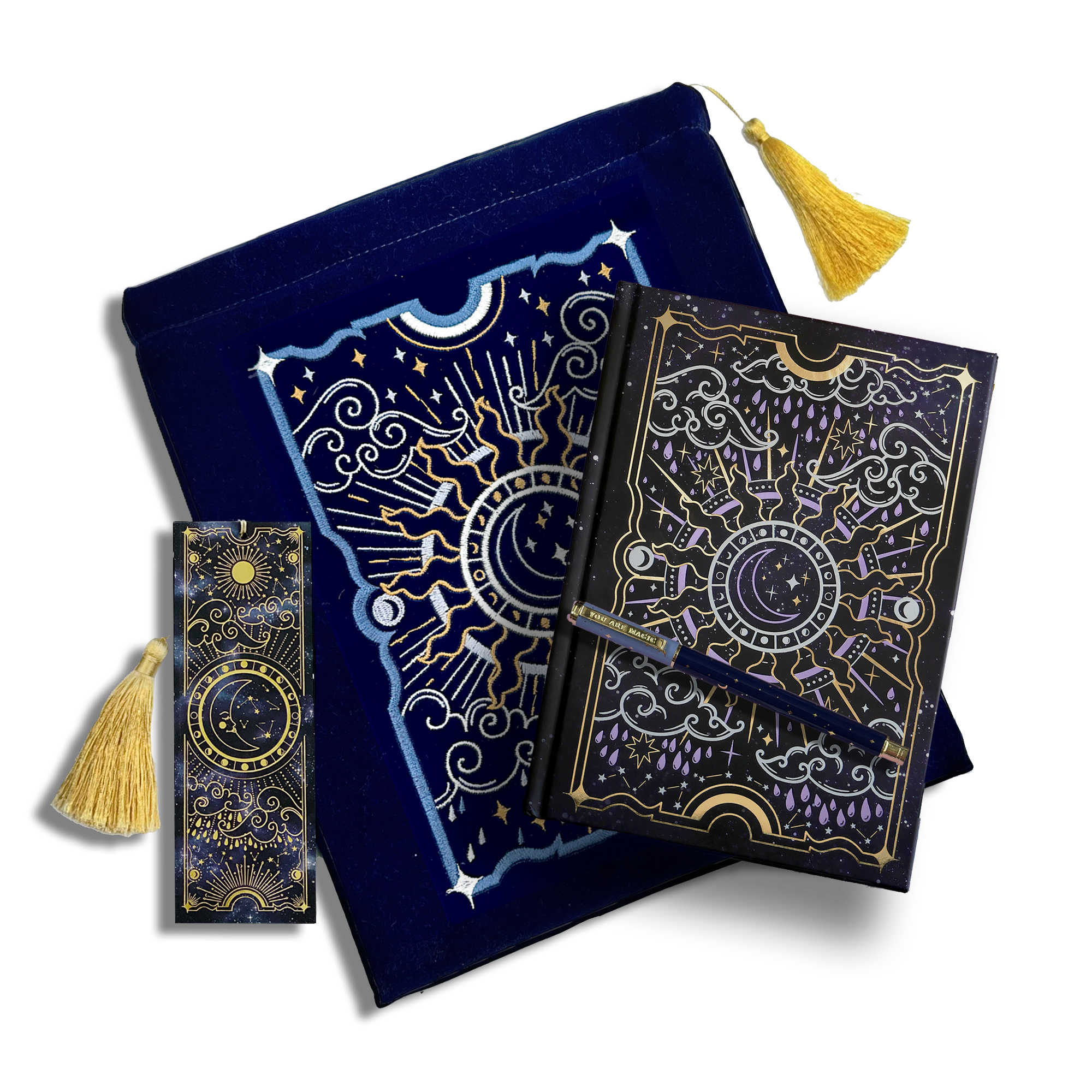 a bundle of items that include a bookmark, a book sleeve, a journal and a pen. Sitting on a plain background