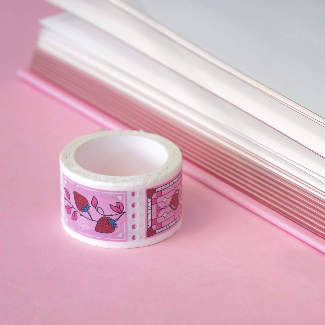 White and pink washi tape with red strawberries and hearts