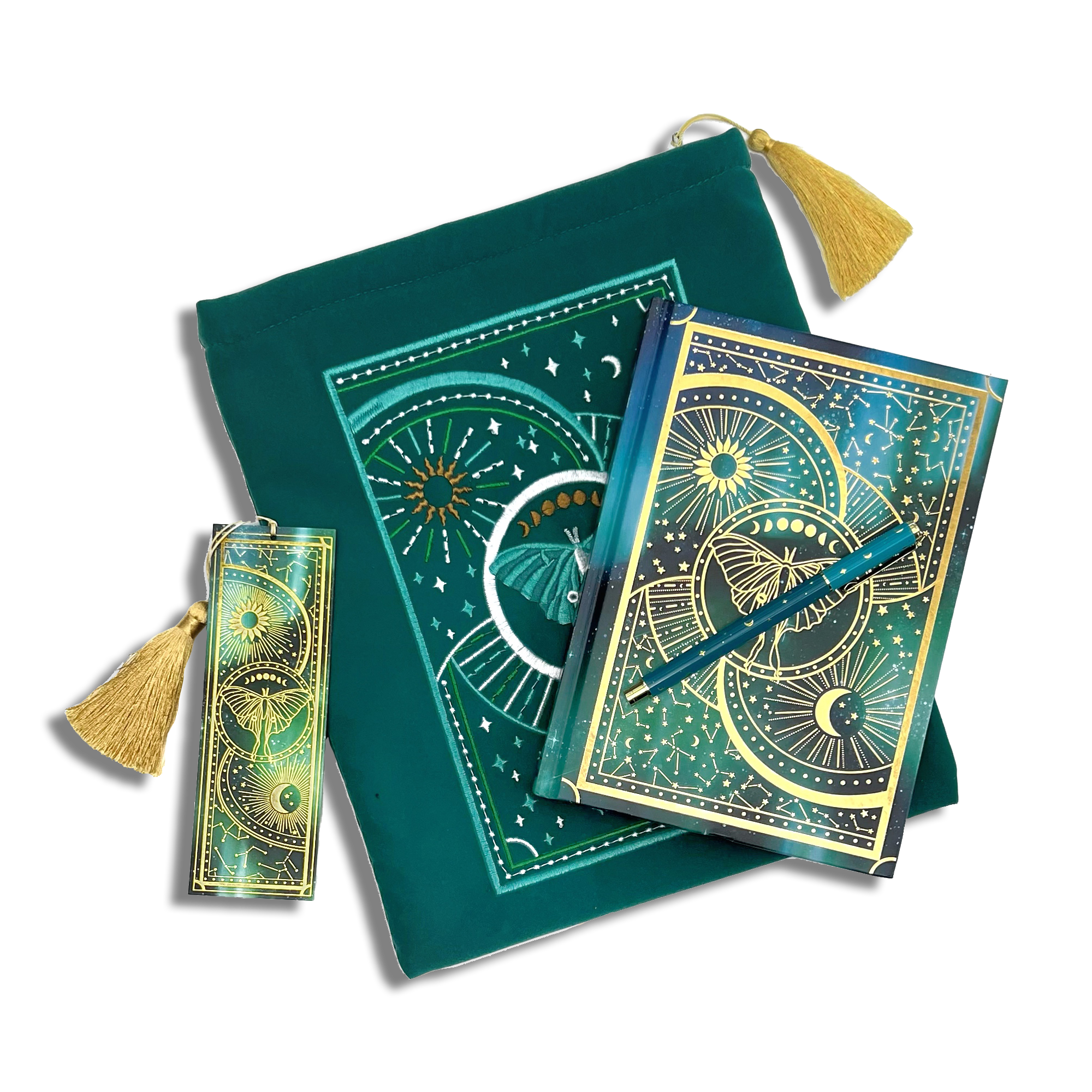 bundle of teal blue stationery items on a plain background. Items are a book sleeve, journal, pen and bookmark. Design features a luna moth with celestial inspired design.