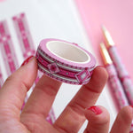 Pink washi tape with small pink and red hearts and diamonds