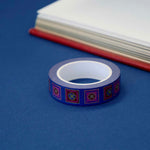 Blue washi tape with red and blue flowers in pink and red squares outlined in gold foil