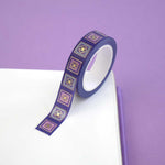 Purple washi tape with pink and purple flowers in light purple and pink squares outlined in gold foil
