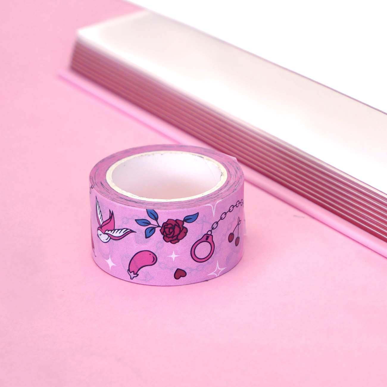 Pink washi tape with red roses, hearts, cherries, chillies, eggplants, birds and handcuffs