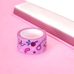 Pink washi tape with red roses, hearts, cherries, chillies, eggplants, birds and handcuffs