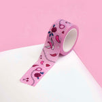 Pink washi tape with red roses, hearts, cherries, chillies, eggplants, birds and handcuffs