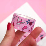 Pink washi tape with red roses, hearts, cherries, chillies, eggplants, birds and handcuffs
