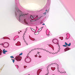 Pink washi tape with red roses, hearts, cherries, chillies, eggplants, birds and handcuffs
