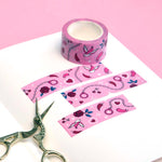 Pink washi tape with red roses, hearts, cherries, chillies, eggplants, birds and handcuffs