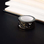 Black washi tape with white flowers and gold foil filagree