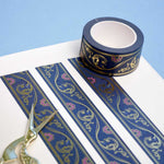 Blue washi tape with pink flowers and gold foil filagree