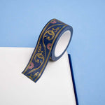 Blue washi tape with pink flowers and gold foil filagree