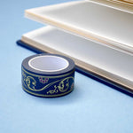 Blue washi tape with pink flowers and gold foil filagree