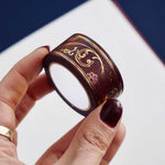 Red washi tape with pink flowers and gold foil filagree