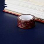 Red washi tape with pink flowers and gold foil filagree
