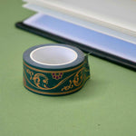 Green washi tape with red flowers and gold foil filagree