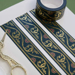 Green washi tape with red flowers and gold foil filagree