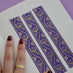 Purple washi tape with pink flowers and gold foil filagree