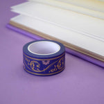 Purple washi tape with pink flowers and gold foil filagree