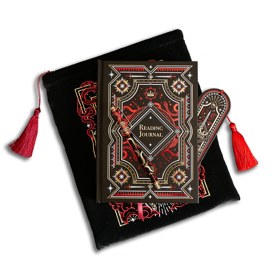 The Serpents & Swords Reading journal bundle shows a Reading journal, pen, bookmark and embroidered book sleeve stacked on top of each other. The romantasy inspired products are all black with red, white and gold detailing and all feature a design with a motif of hands, a crown, a sword, clouds and snakes.