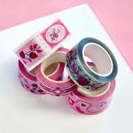 White and pink washi tapes with red roses, green leaves, birds and hearts.